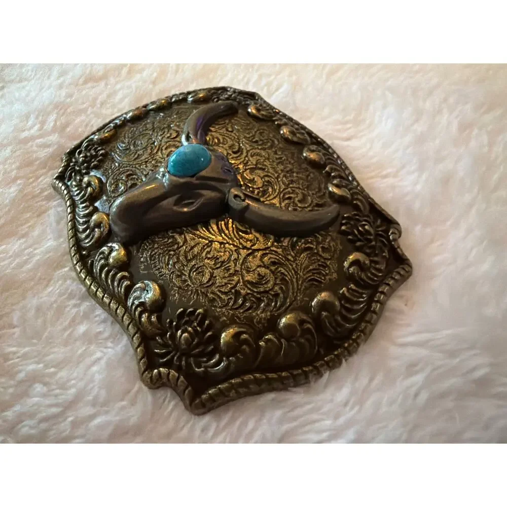 Western Longhorn Steer Skull Belt Buckle Faux Turquoise Antique Brass 3.8